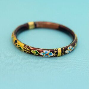 6 1/2 inch, Vintage Colorful Flowers Brown Band Bangle - E41